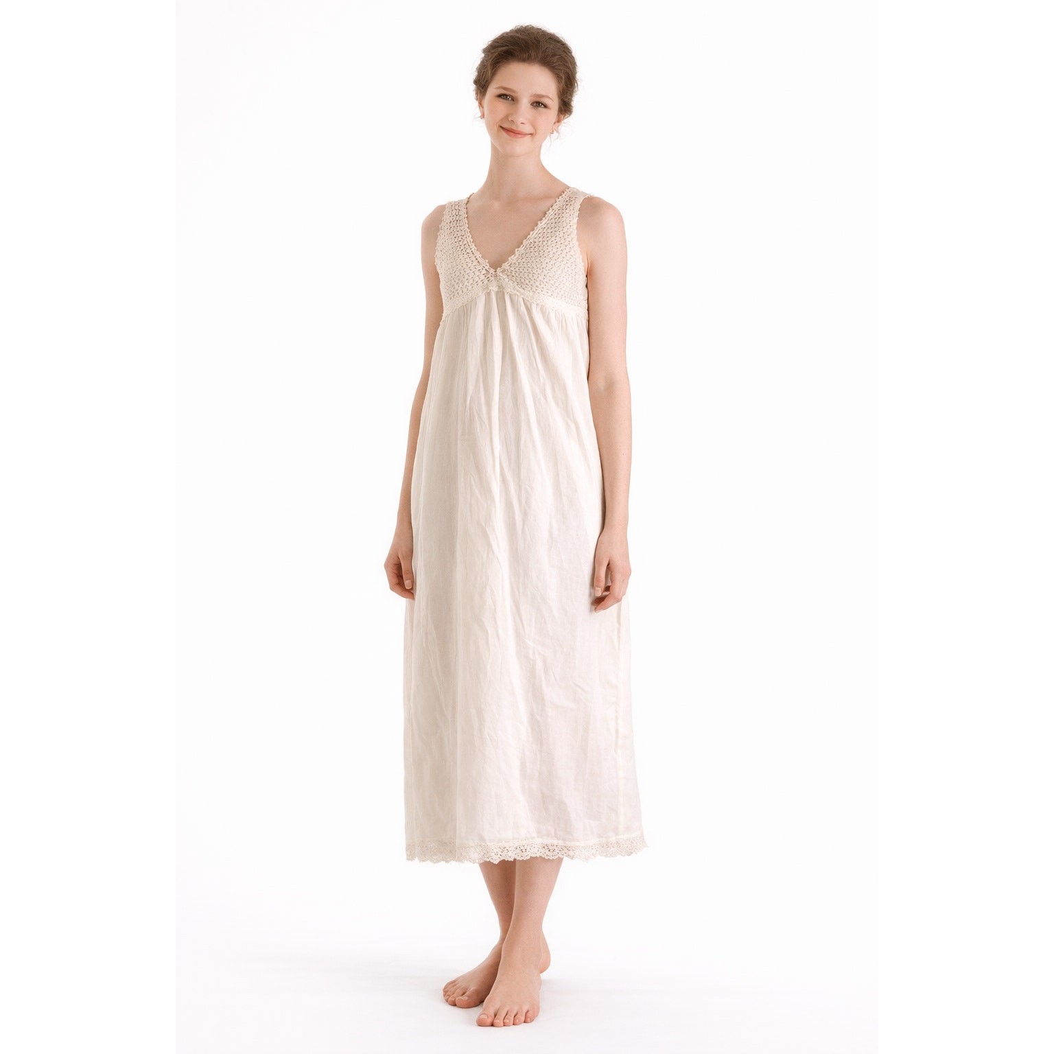 VTG Edwardian White Cotton Nightgown Crochet Yoke Prairie Romantic 1900s M