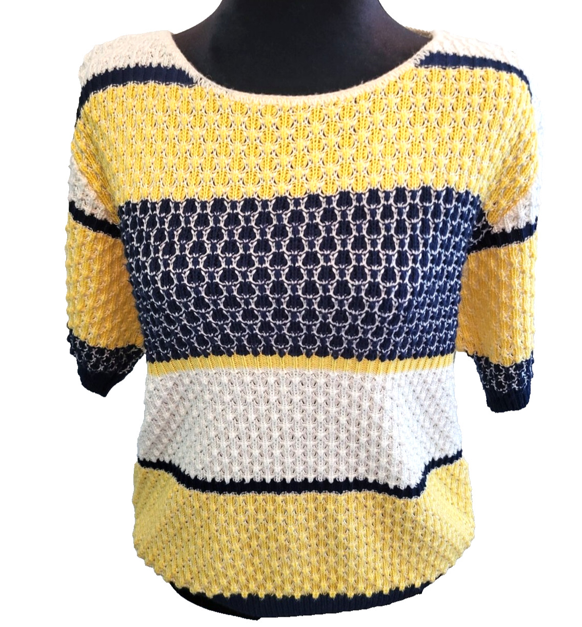 Vintage 80’s Navy and Yellow Striped Short Sleeve Sweater sz S Coastal Preppy