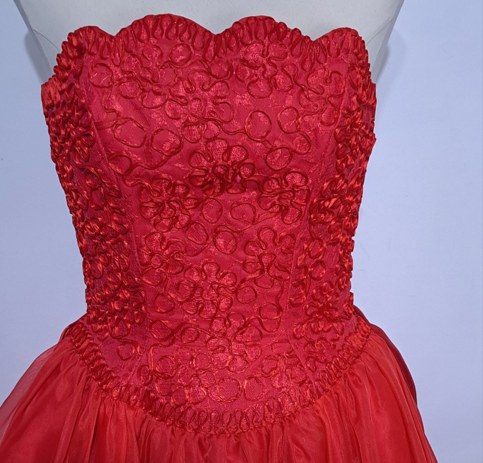 Vintage Red Strapless Party Dress Gown Huge Skirt Rosettes Draped Sz S Soutache