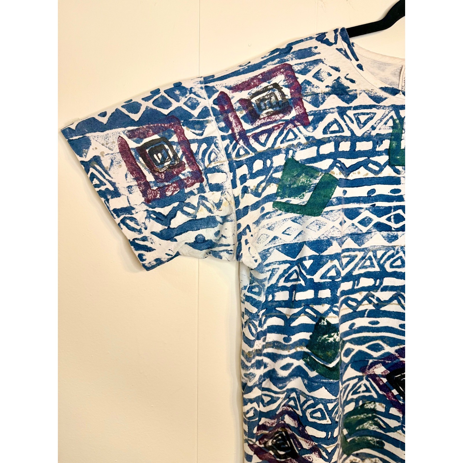 90s Vintage XL Boxy Cotton Retro Geometric Block Print Blue Purple Green Kidcore