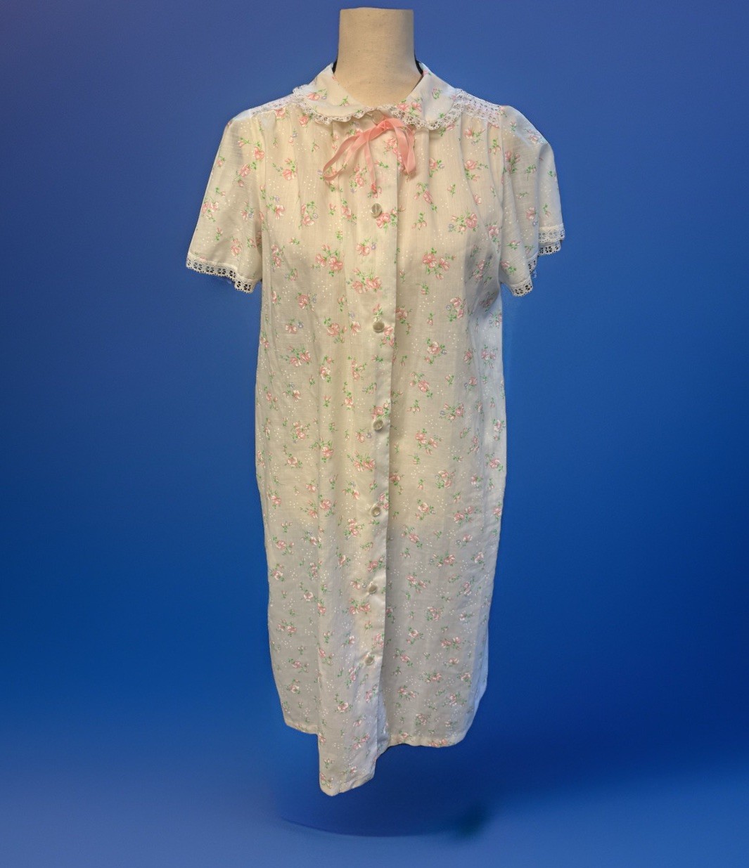 VTG JCPenney Floral Lace Trim Housecoat Nightgown Robe Peterpan Cottagecore S