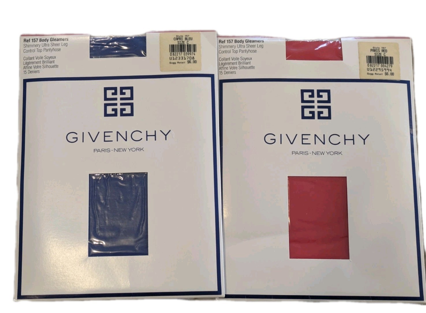 2 Vtg Givenchy Body Gleamers Control Top Pantyhose Sz C Capri Bleu & Paris Red