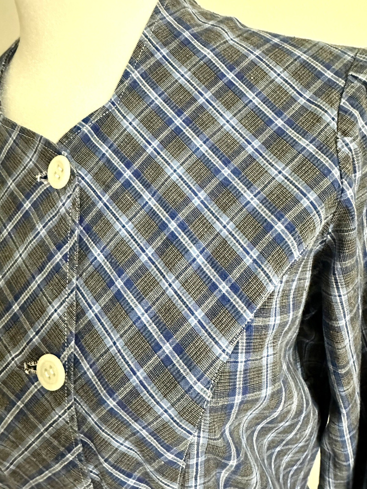 Vintage Handmade Prairie Dress Modest Homespun Blue Plaid Cotton Midi S/M