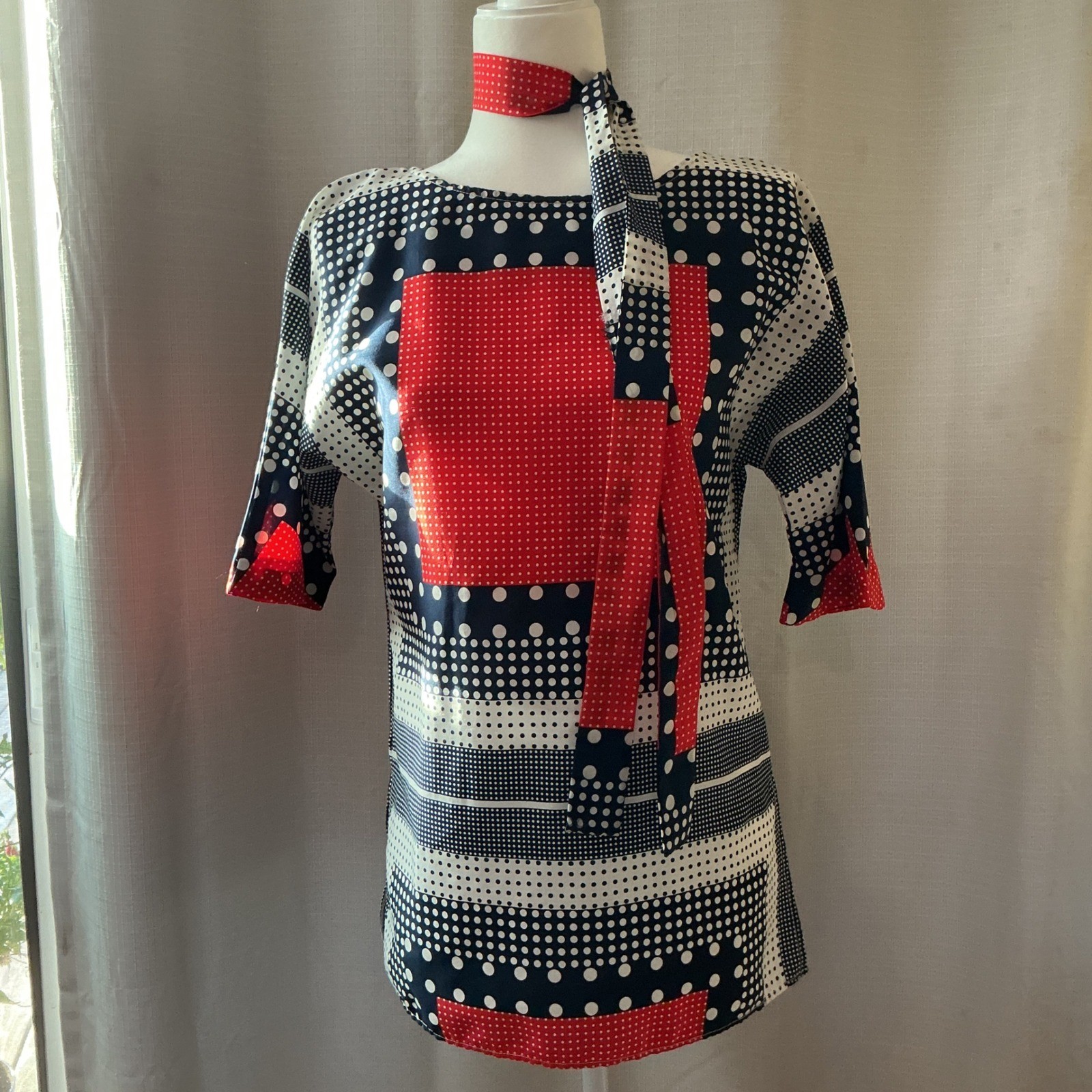 Loubella Tunic Top Wms 10/11 Red Navy Polka Dot Geometric Mod Vintage 70s Retro