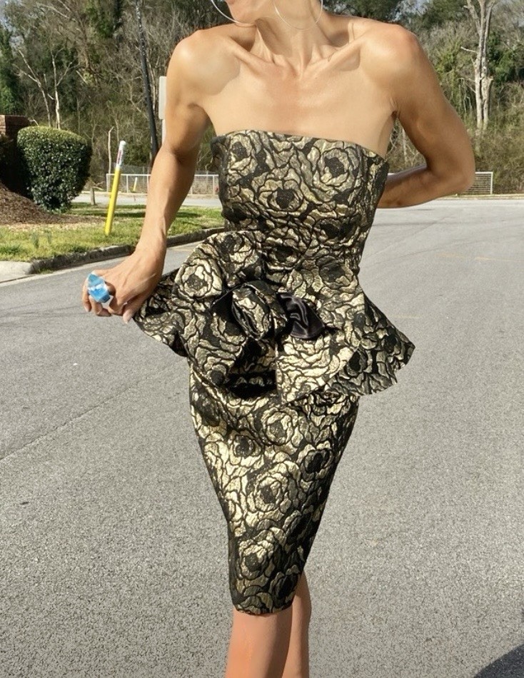 Vtg Goldworm Italy Gold Brocade 3D Avant Garde Strapless Dress S M Flower 60s
