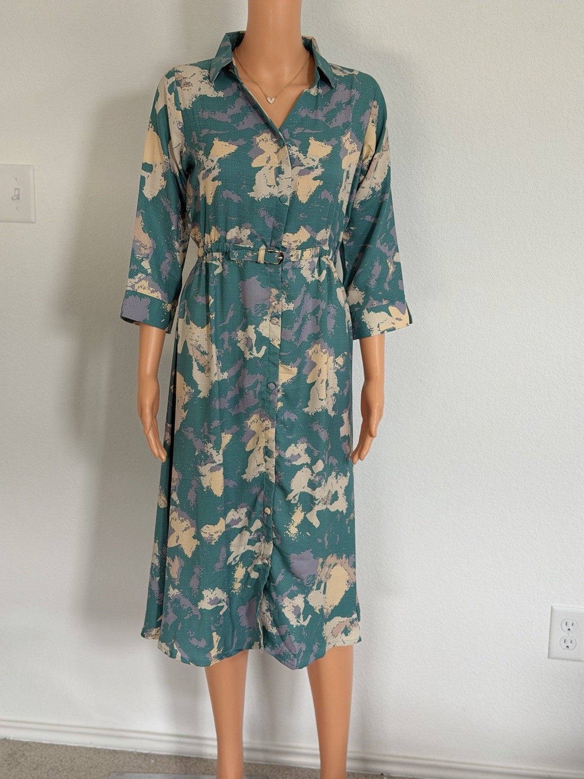 Vintage Shirt Dress Green Beige Purple Abstract Print Long Sleeve Belted