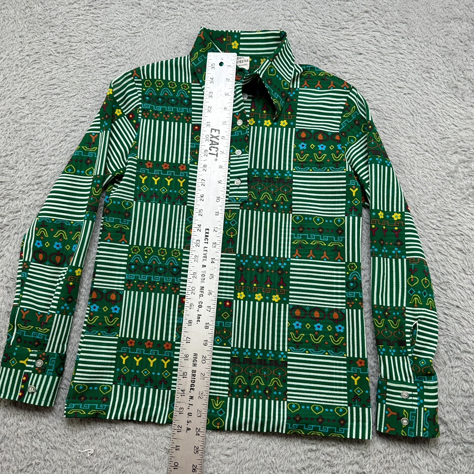 Vintage 70s Summer Shirt Womens S Green Flower Long Sleeve Disco Blouse