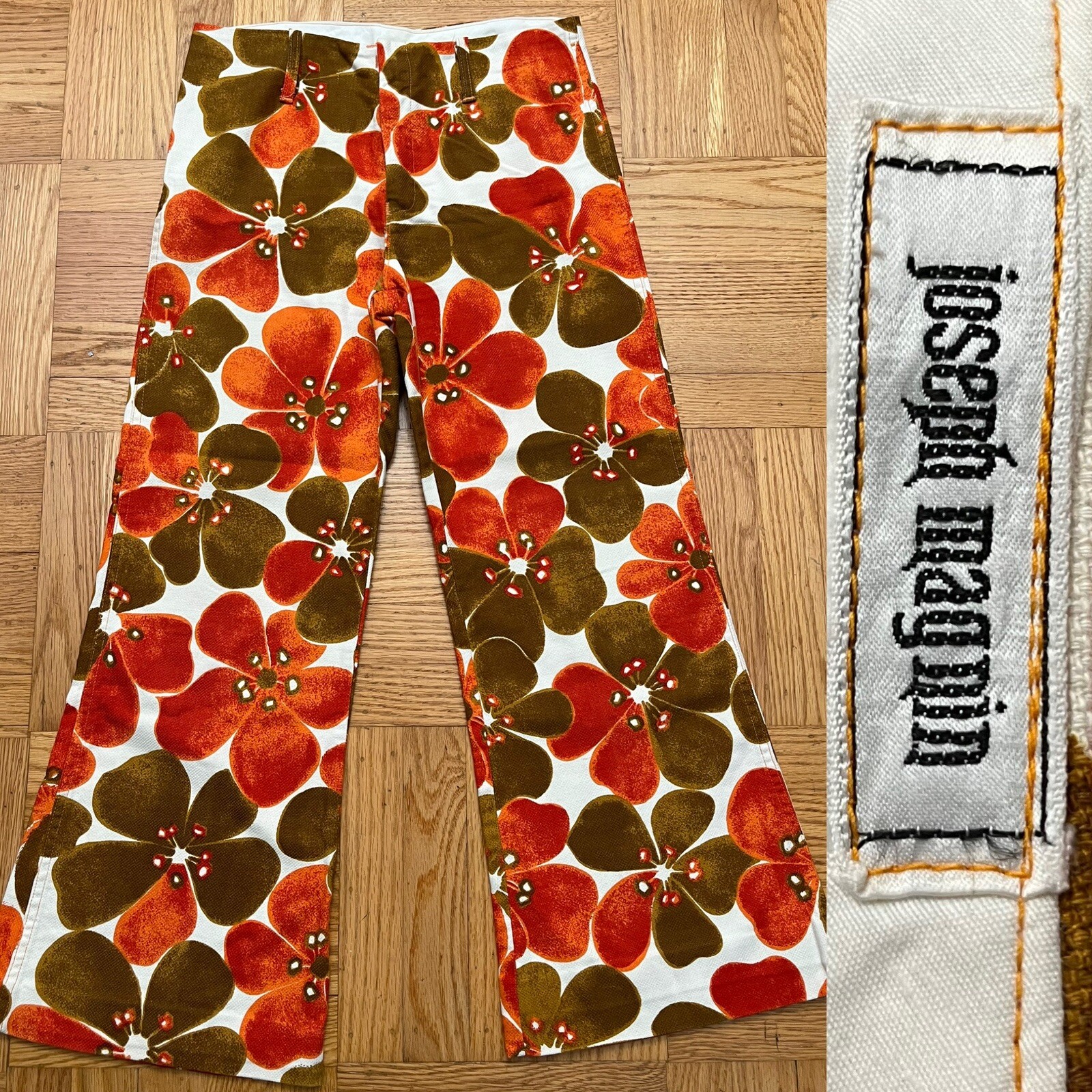 Vtg Flower 60s Pants Low Rise Cotton Joseph Magnin Wide Leg Bell Hawiian Small