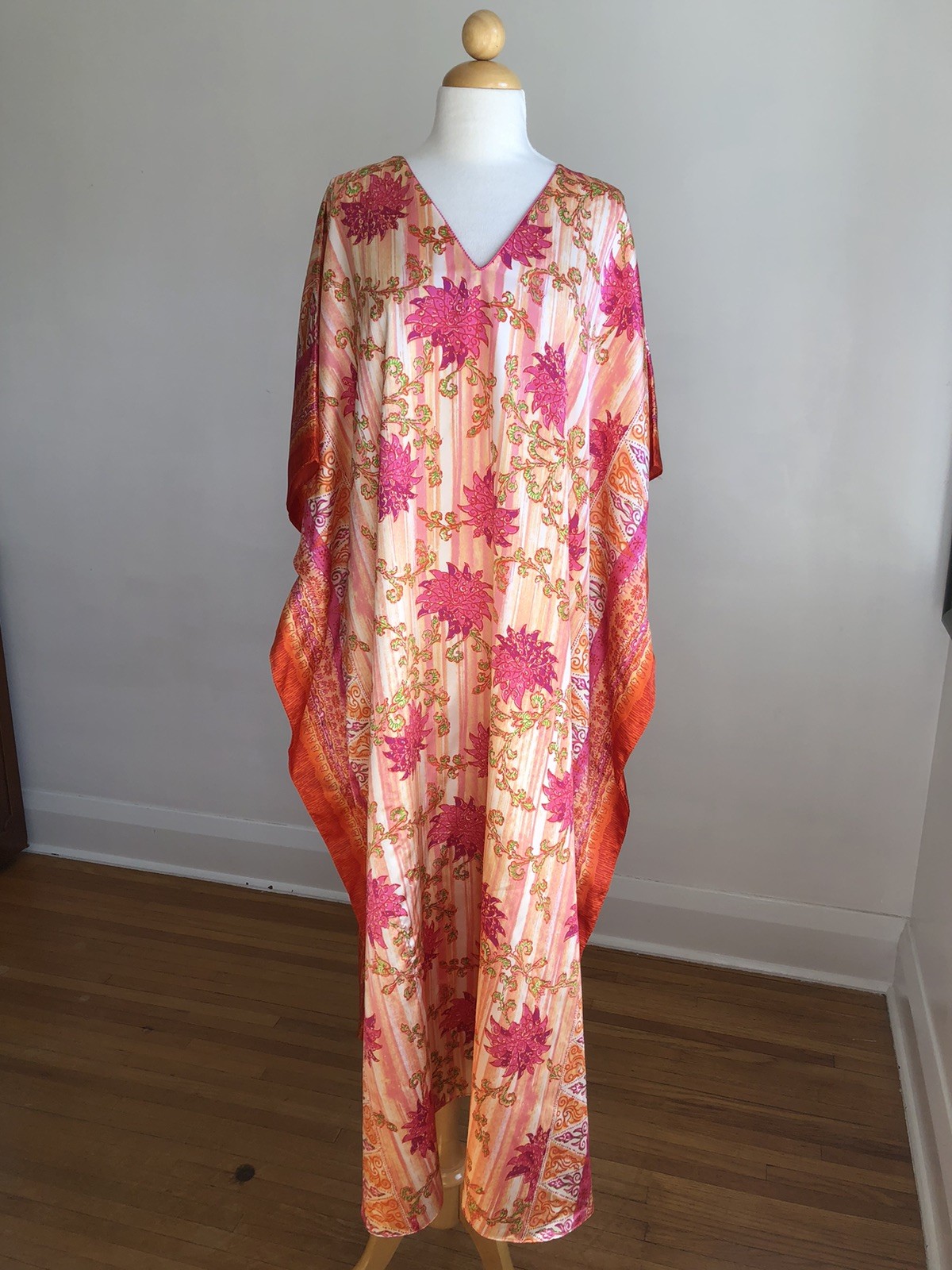 STUNNING VTG BARBIZON Pink & Orange Silky Satin Caftan Dress SZ O/S