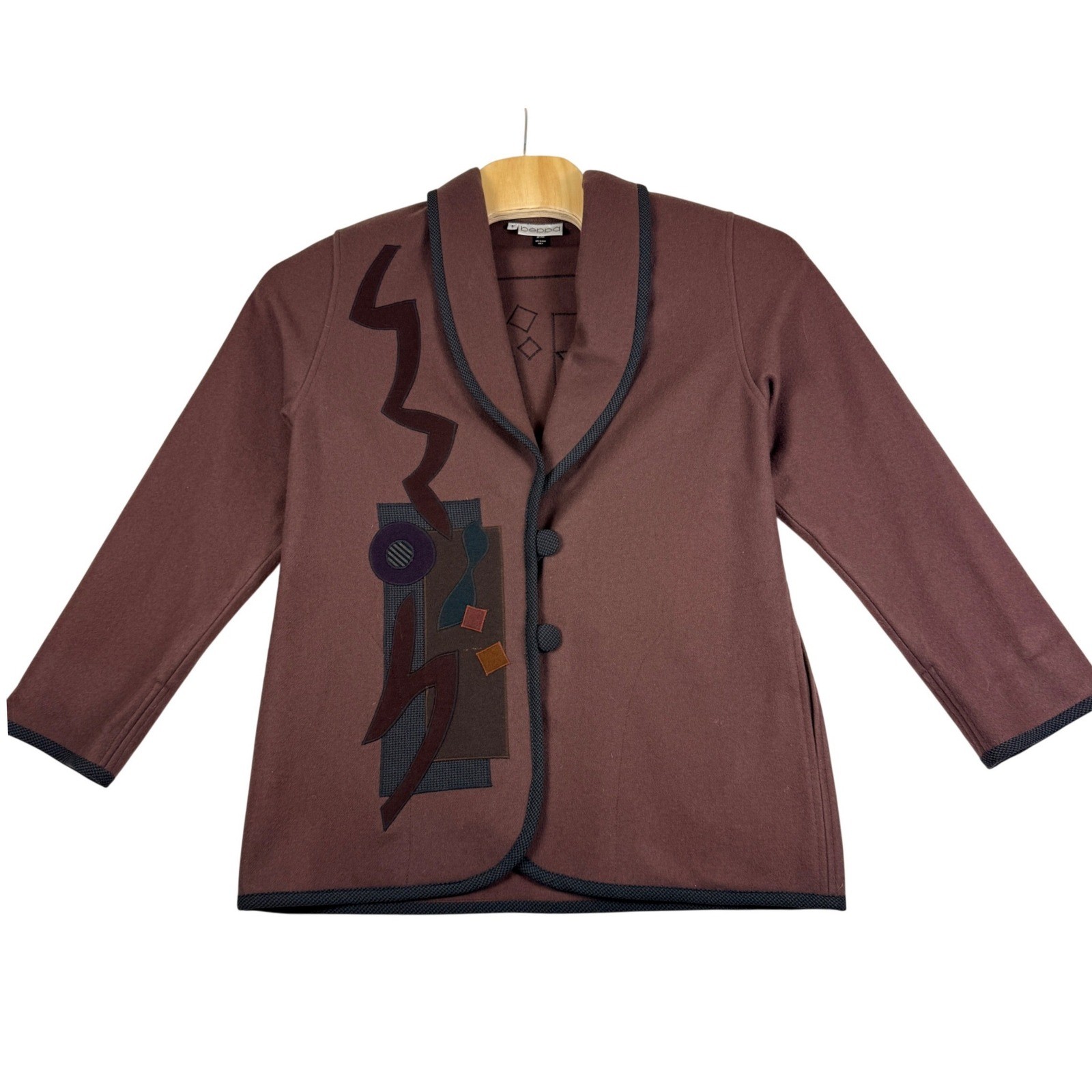 Beppa Pure Wool Abstract Geometric Applique Shawl Collar Jacket Mauve Size S VTG