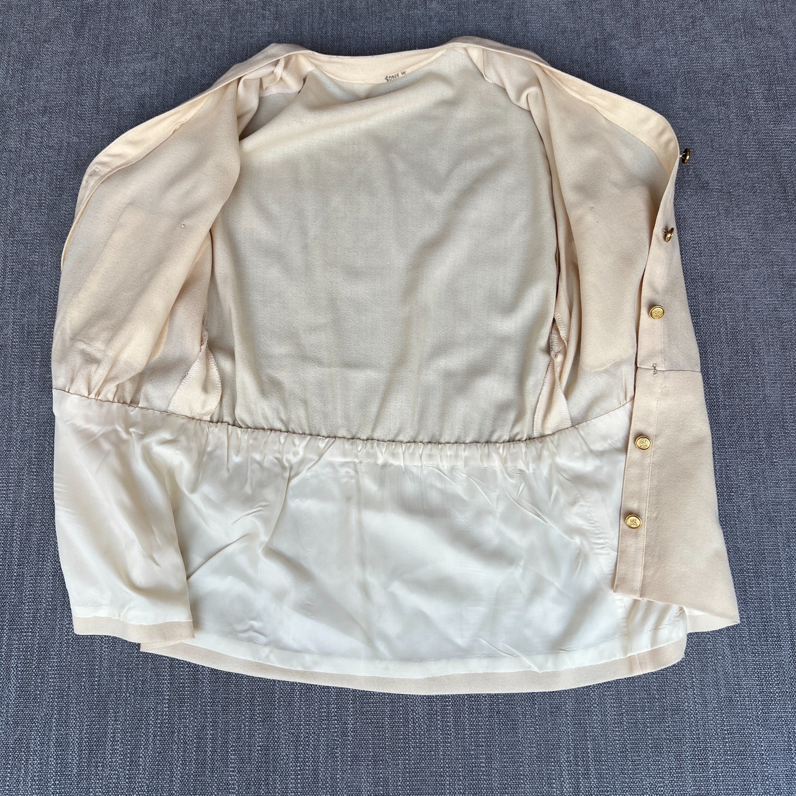 Vtg 80s Cream Military Blouse Jacket L Peplum Cinched Waist Gold Lion Button