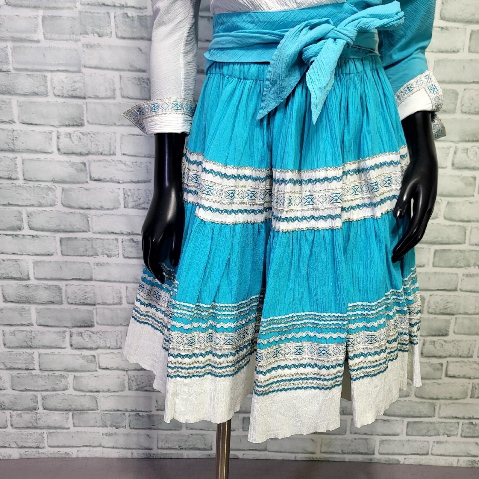 Vintage 70s Blue White Crinkle Cotton Skirt Wrap Top Set Boho Folk Square Dance