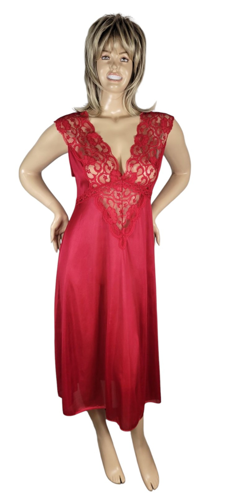 Vintage Soft Moments New York Red Nylon Satin & Semi Sheer Lace Slip Nightgown L