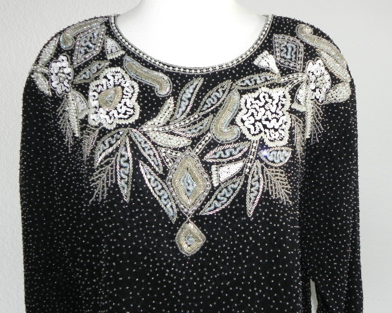 Vtg Together Top Silk Bead/Sequin Trim Padded Shoulder/Long Sleeve Lined Size M