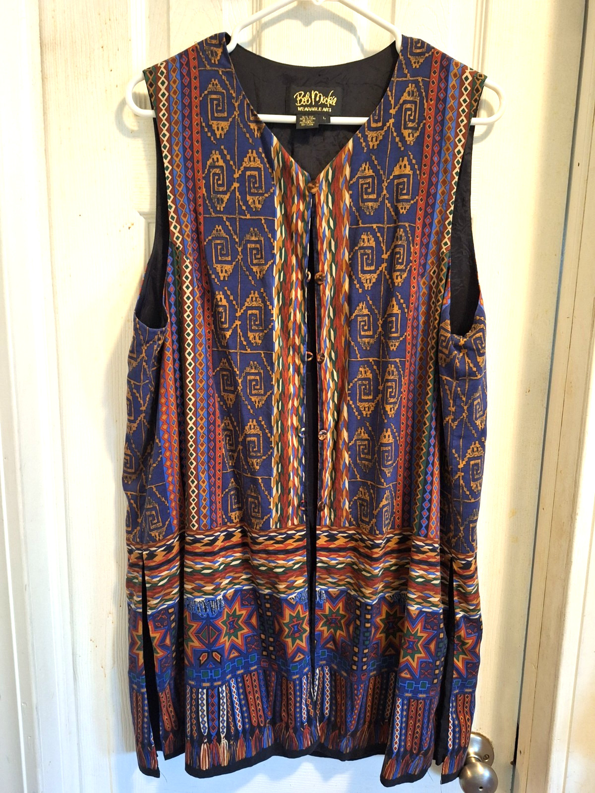Vtg Bob Mackie boho ethnic festival long vest 100% silk sz L