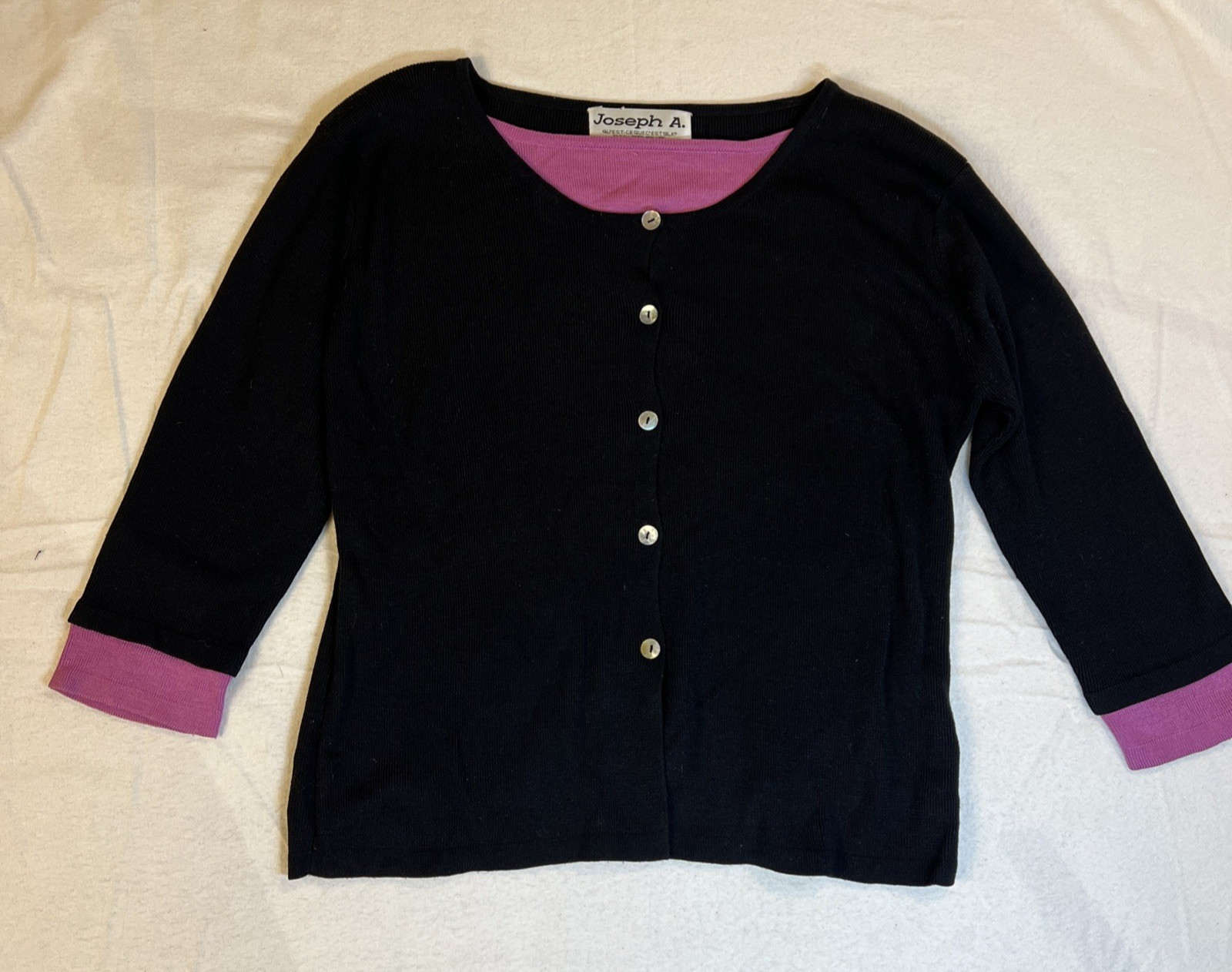 Joseph A. Twin Cardigan Fuscia / Black Shell Buttons Medium Vtg 100% Silk