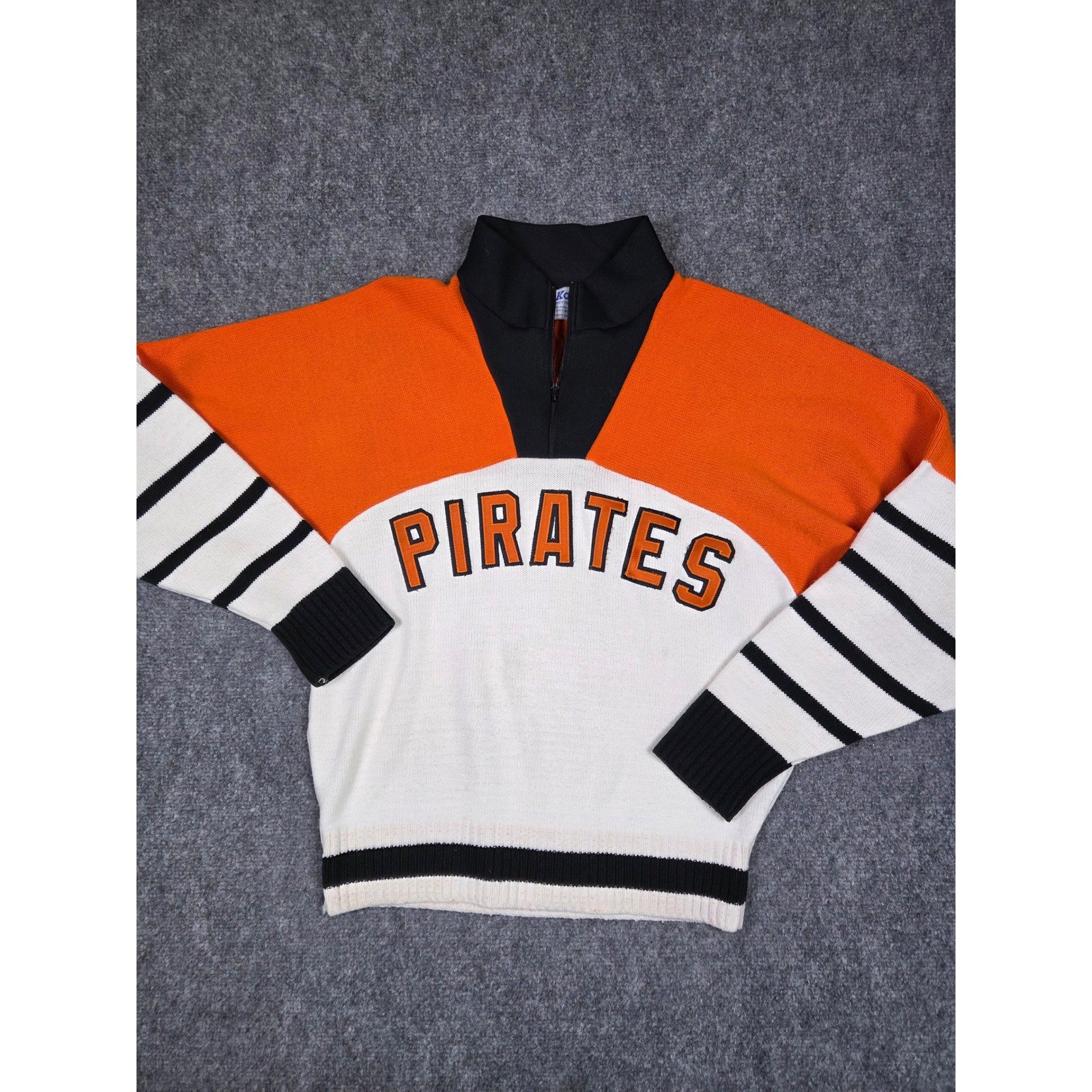 Vintage Kandel Sweater Womens Medium Orange White Pirates 1/4 Zip Knit Striped