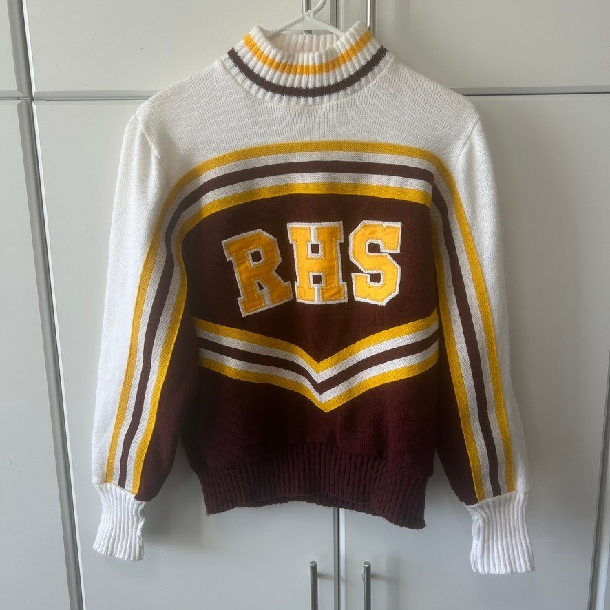 Vintage Hatchers Mfg RHS Cheerleader Sweater Maroon Gold White Stripe Large USA