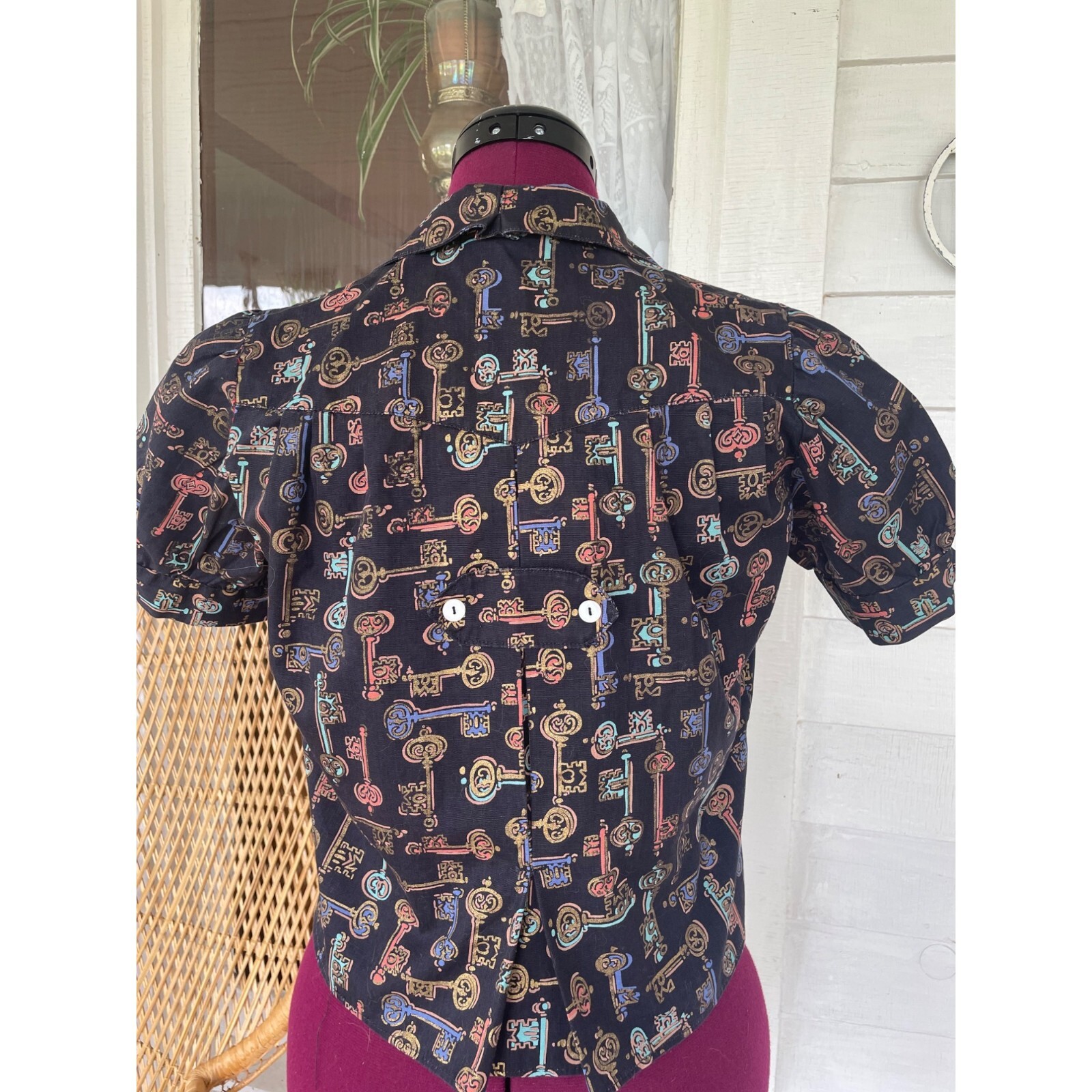 Vintage 1960s Skeleton Key Print Blouse With Puff Sleeves Black Grosgrain Size S