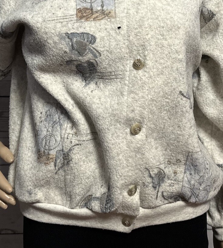 Vintage 90s Artisans Sweatshirt Large Gray Leaf Fall Button Up Fleece Cardigan