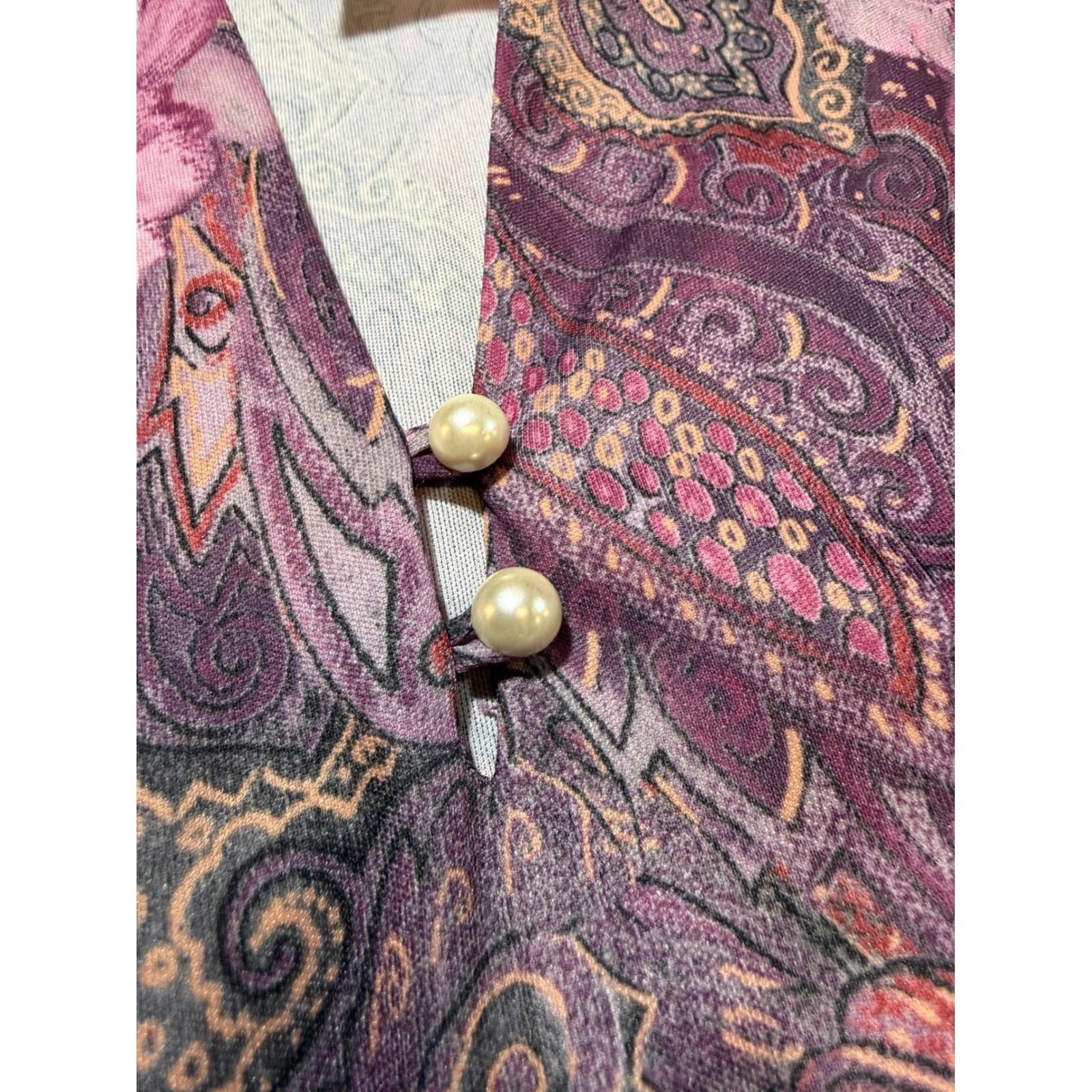 Vintage Blair Mauve Paisley Floral Midi Dress Pearl Button Belted 80 Made in USA