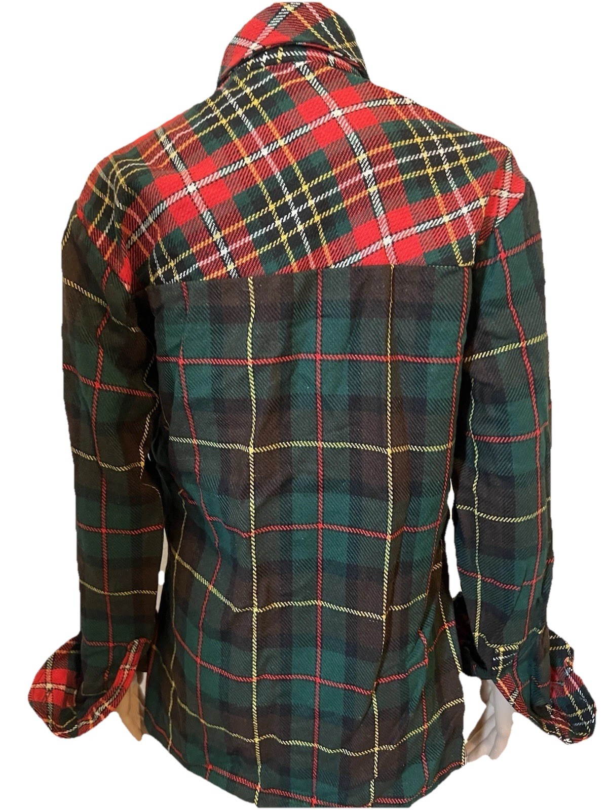 Vintage 1970s Green/Red Tartan Plaid Wool Blouse Women’s L Wide Collar Pockets