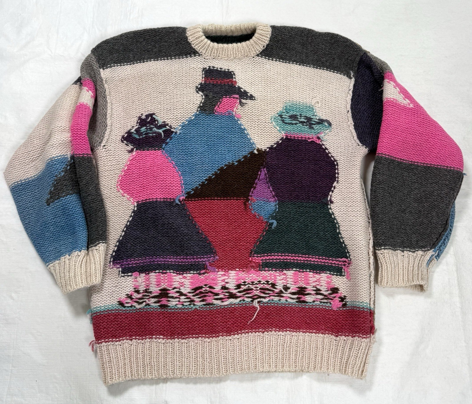 Vtg 80s Peruvian Baby Alpaca Sweater Wool S/M Geometric Design Women In Hats