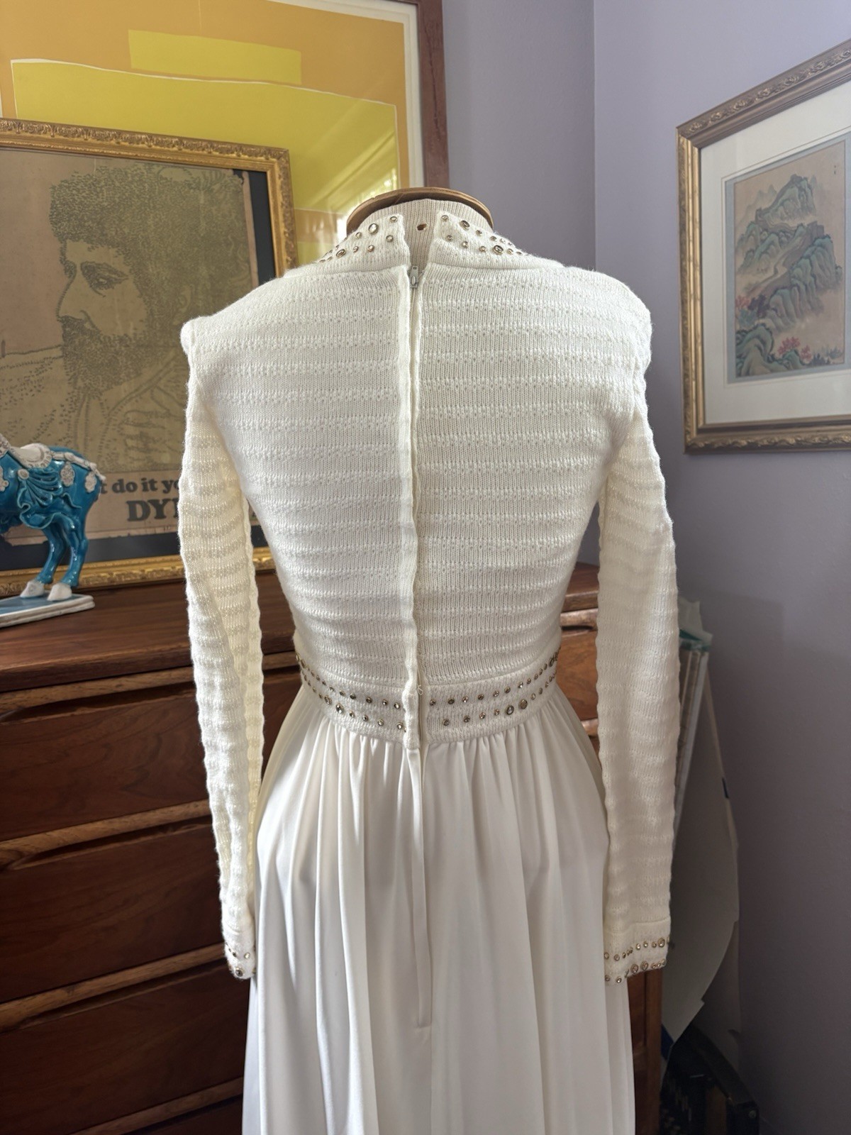 Vintage 1970s White Bridal Gown Rhinestone Knit Bodice Maxi Dress ILGWU USA 8