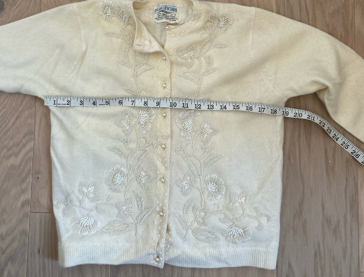 Vintage 1950’s Beaded Angora Cardigan Ivory Pearl Button Hand Embroidered