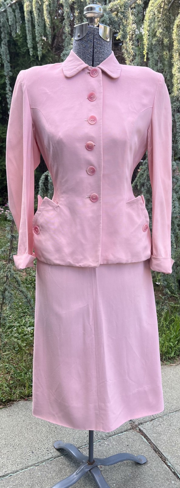 VINTAGE 1940’s BROOK TONE PINK RAYON SKIRT SUIT SHOULDER PADS NIPPED WAIST
