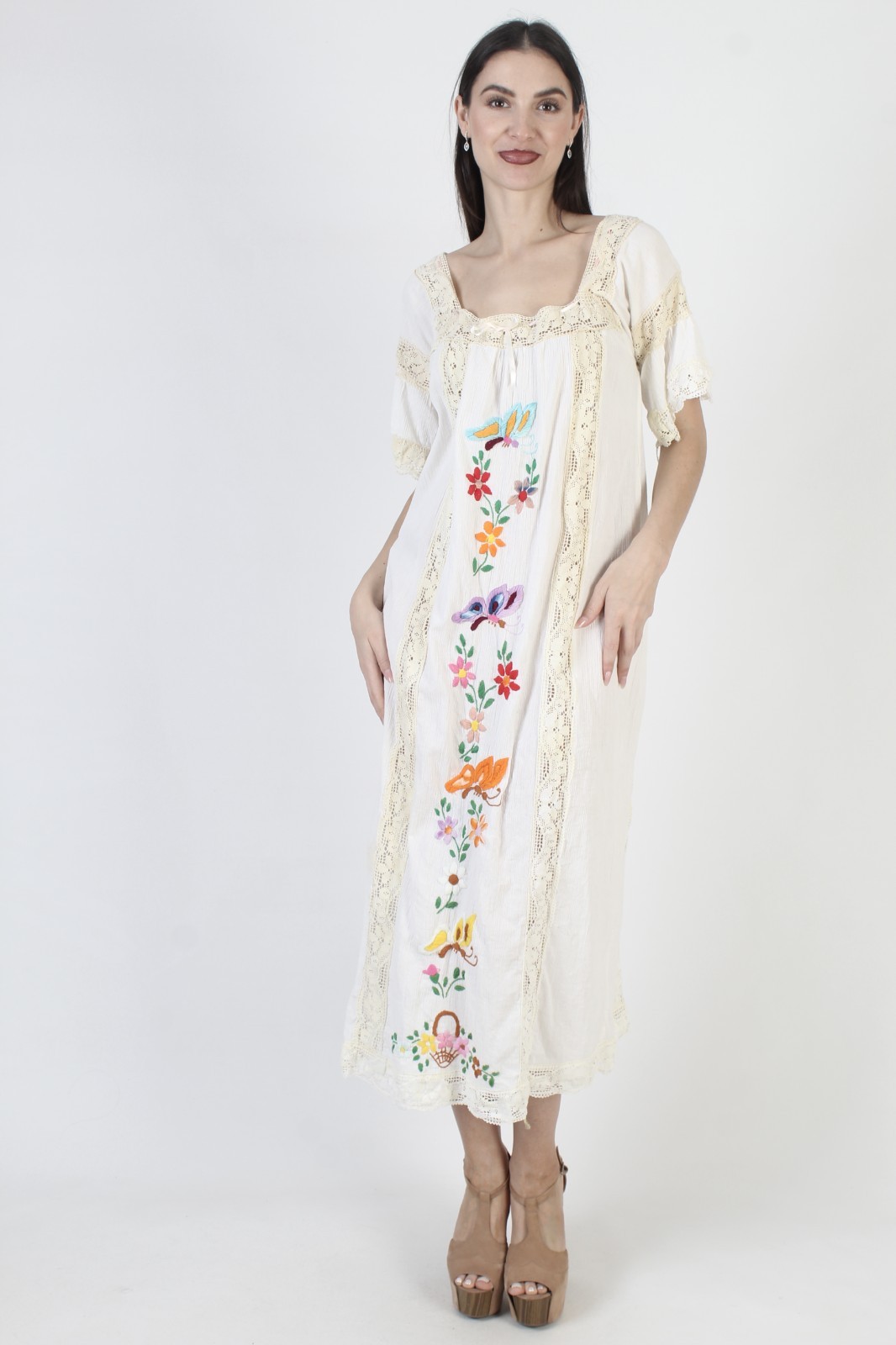Vtg White Cotton Mexican Dress Embroidered Butterfly Puebla Boho Sundress Kaftan