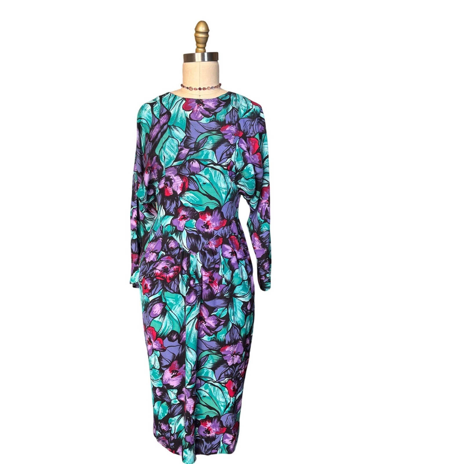 80s Floral Dolman Sleeve April Rain Dress M Teal Purple Multi Vintage