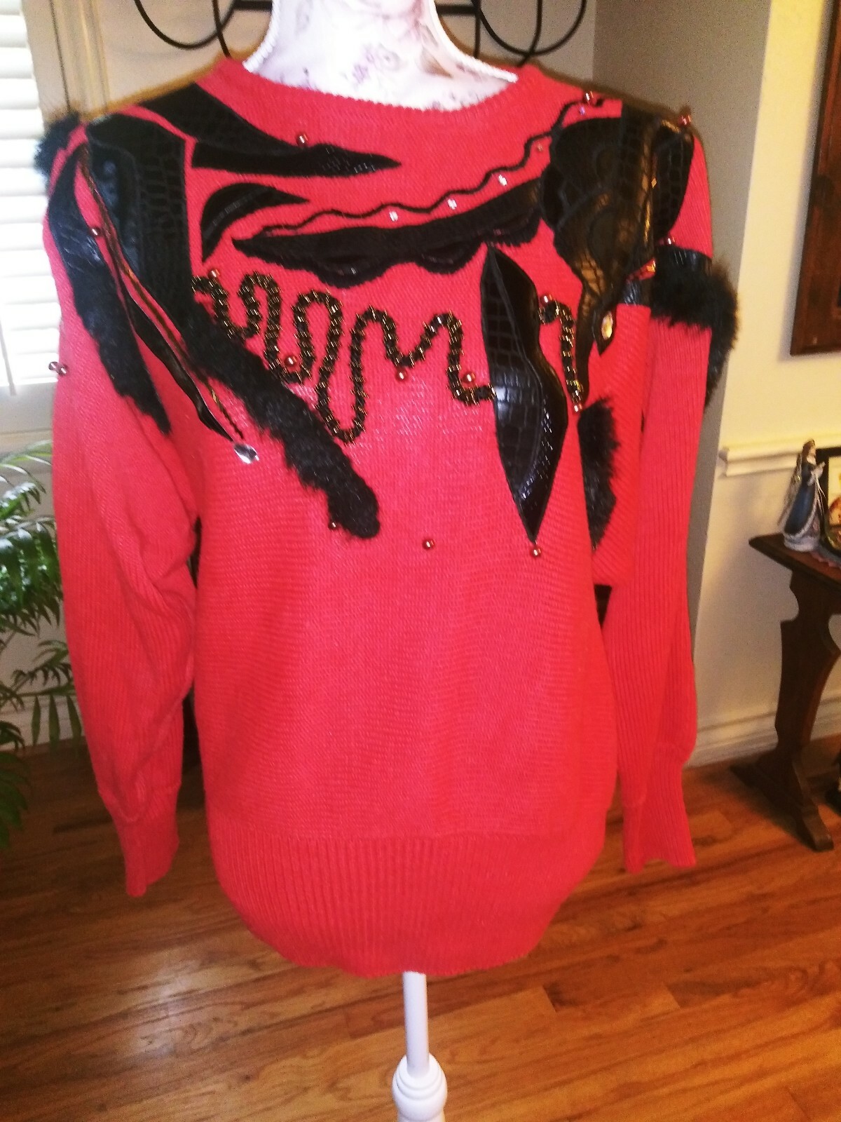 Affinity Sweater Vintage 1980s Faux Leather / Beads / Fur / Diamante Red SIZE L