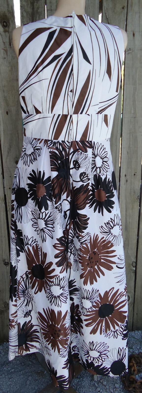 NOS Vtg 70s MidCentury Sleeveless White Brown Black Floral Maxi Dress sz 14