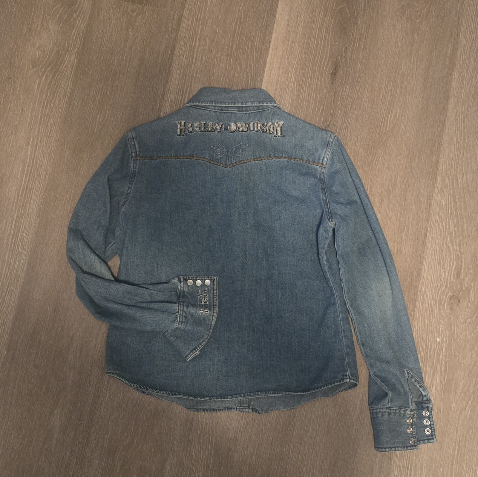 Harley Davidson Denim Snap Front Western Shirt Womens Medium Embroidered Logo