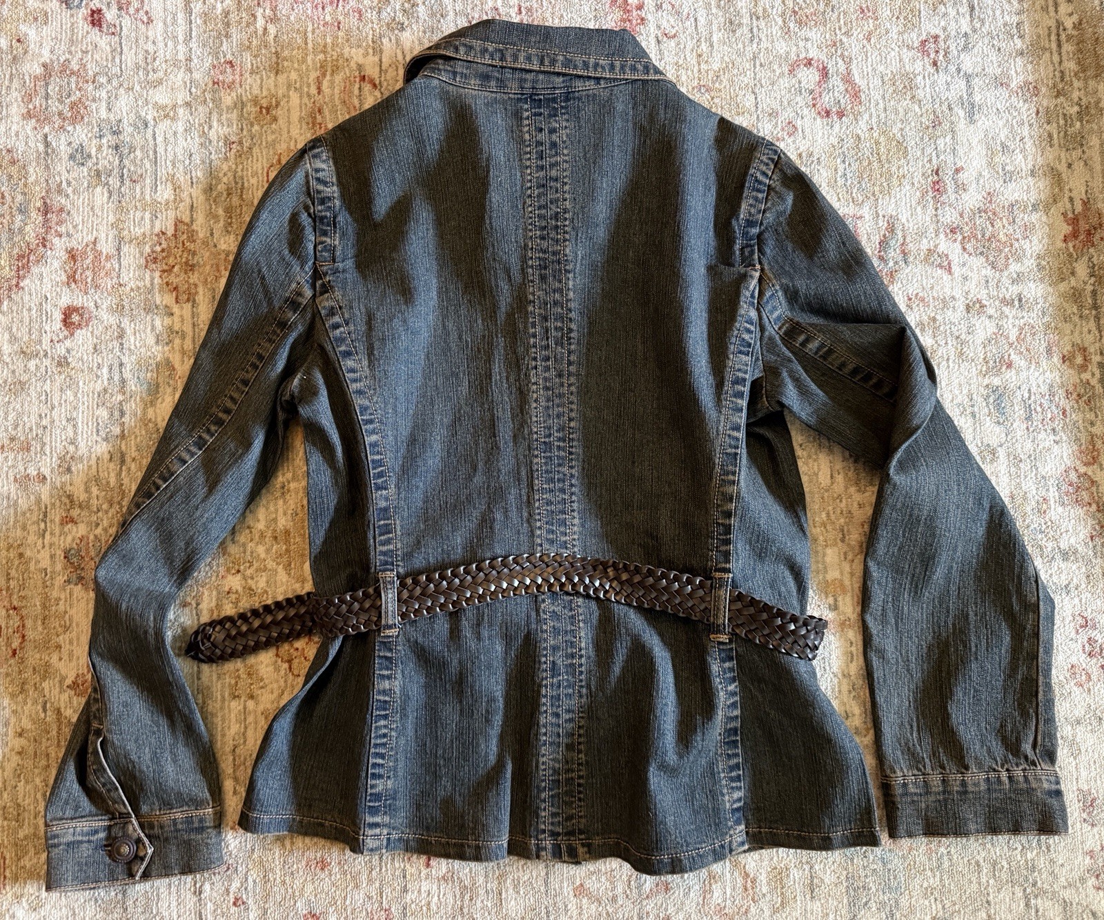Vintage TapeMeasure Denim Jacket Belted Stretchy Blue Brown Pockets Women 10 EUC