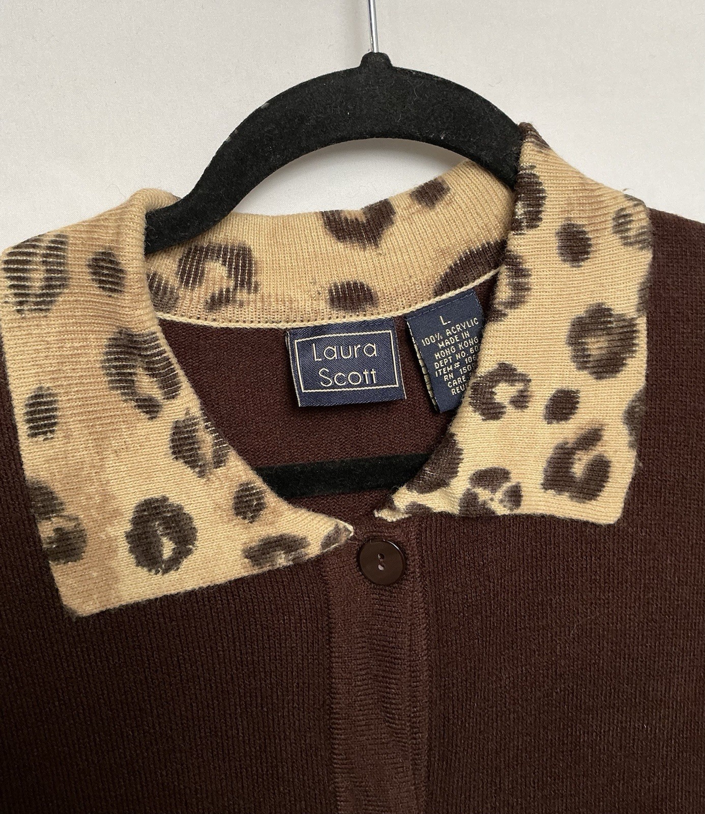 Y2K Sweater Cardigan Women’s Large NWT Brown Leopard Collar Rare Long