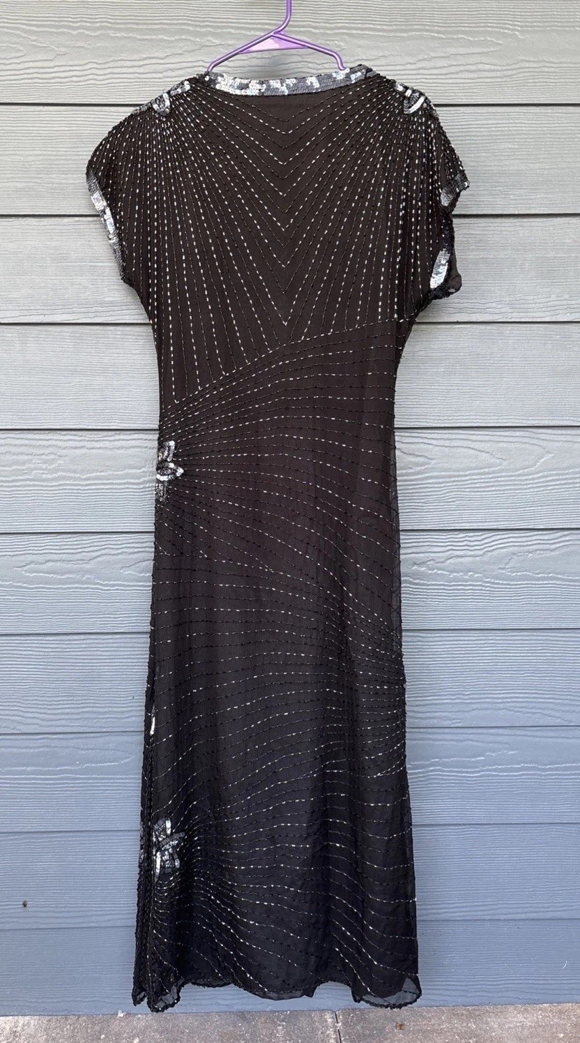 Vintage John Charles London Evening Gown Dress, Black Beaded Sequins, Size US-6