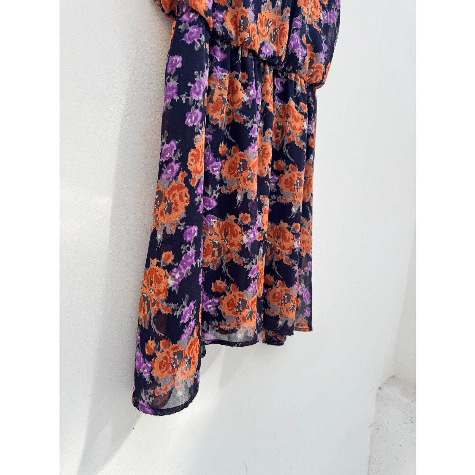 Vintage dELiA*s Navy Floral Chiffon Sundress Purple Orange Roses Size XL
