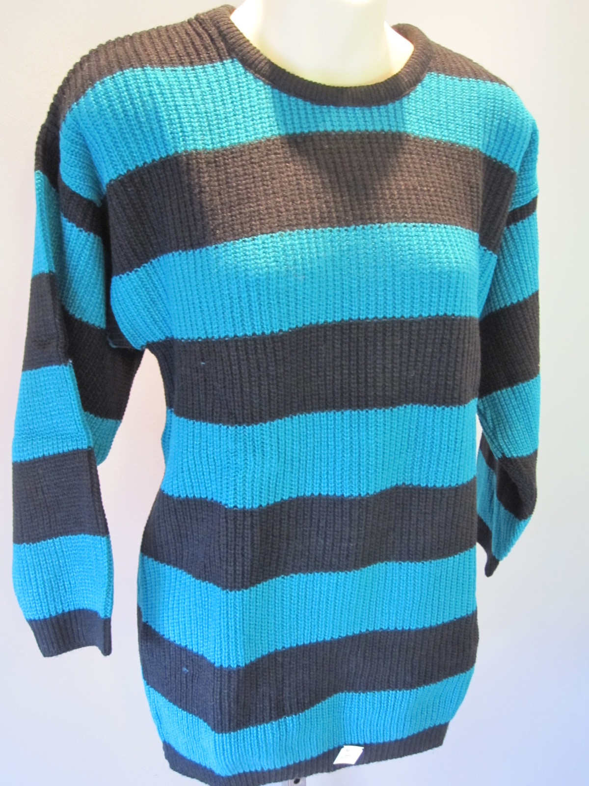NOS RETRO 80S SWEATER TUNiC TOP 2 TONE EMERALD GREEN BLACK STRiPED VEGAN DiSCO M