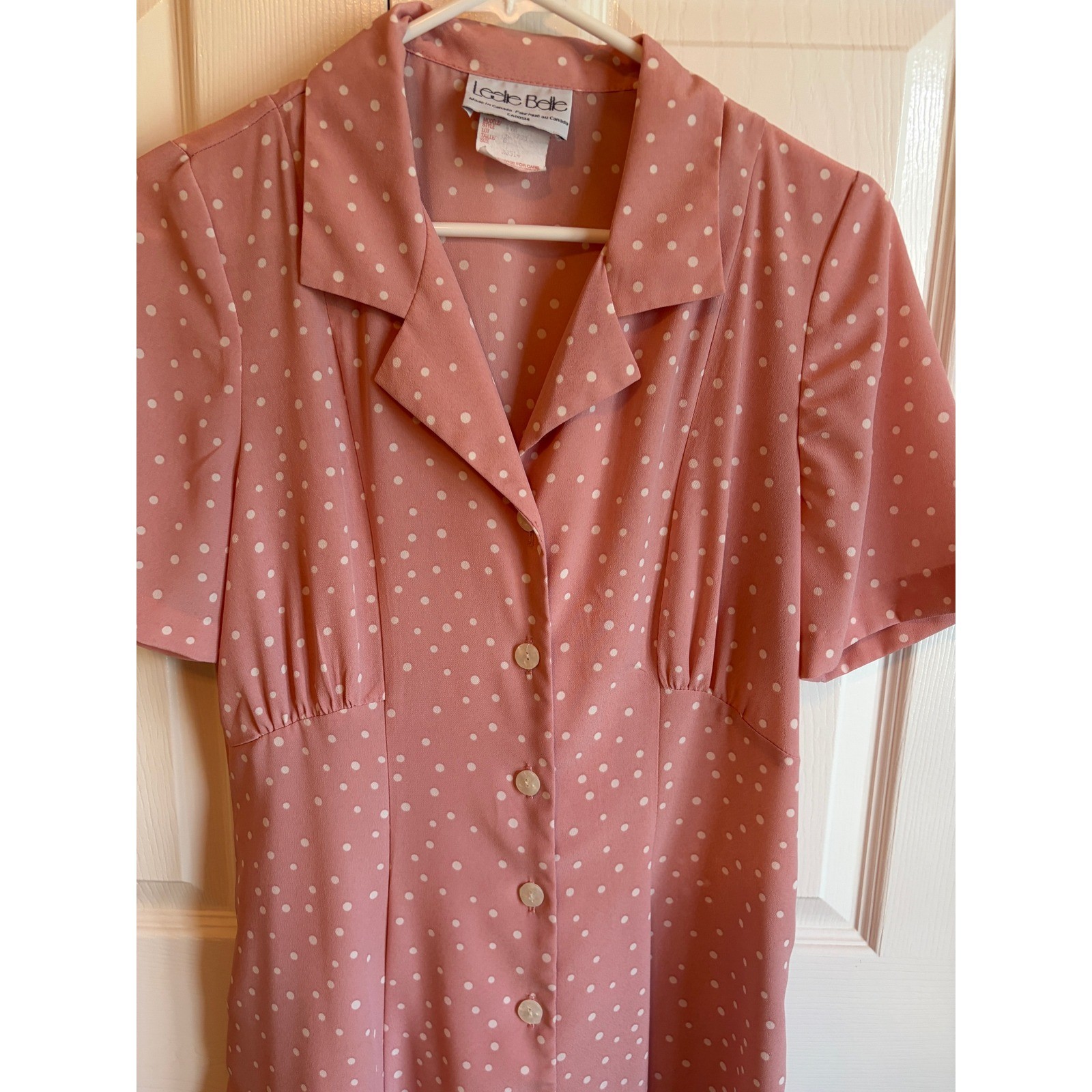 Leslie Belle Vintage Pink Polka Dot Button Front Midi Dress Made in Canada Sz 88