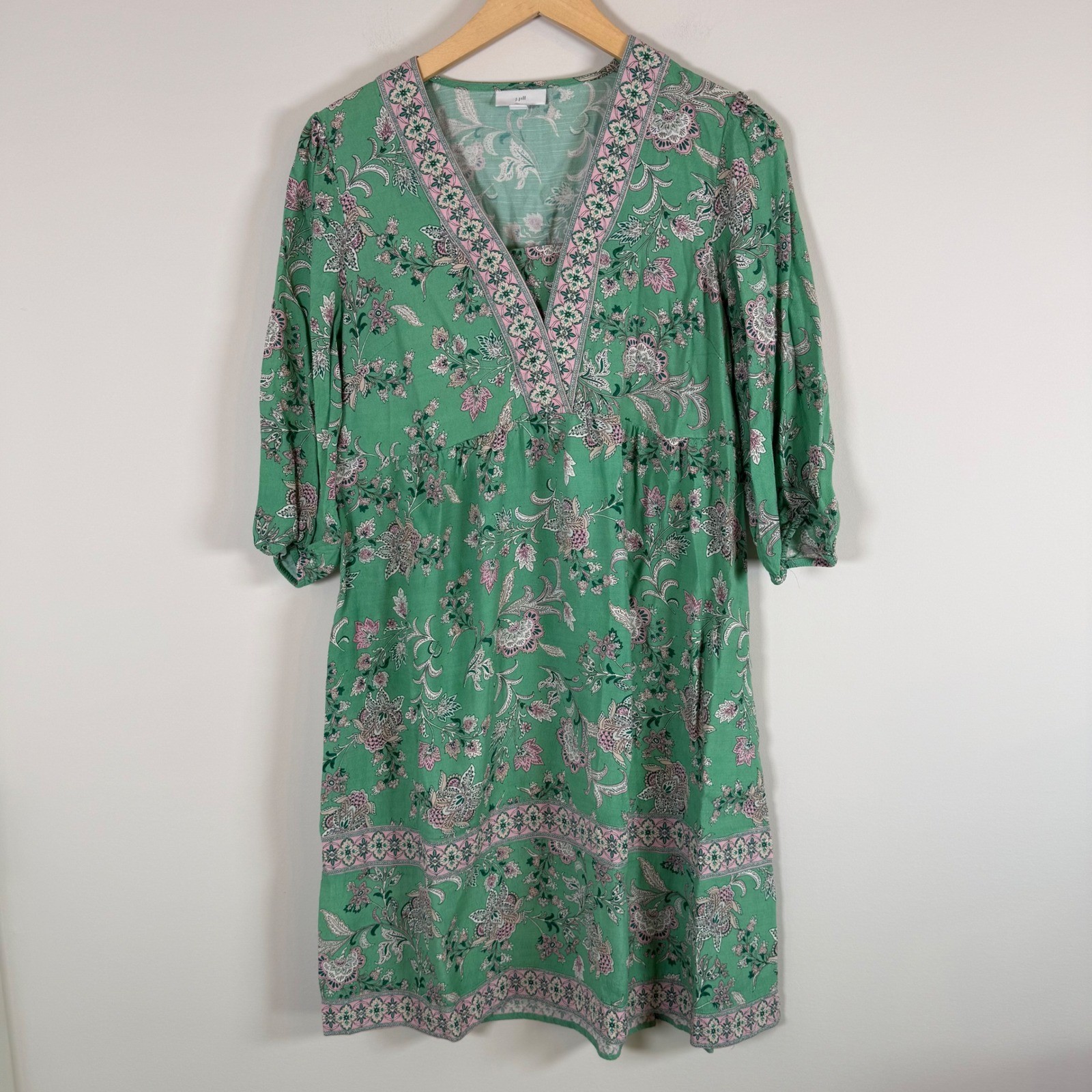 J.Jill Floral Paisley Print Modest V-Neck Mini Dress XS Green BOHO Prairie Flowy