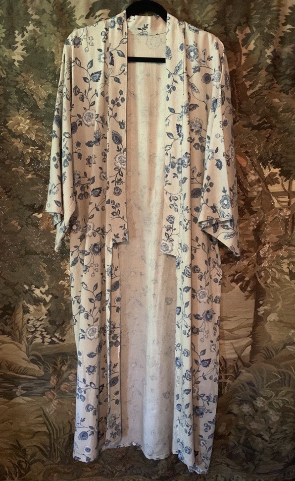 Vintage OOAK Linen Floral Maxi Full Length Kimono Wrap Robe Duster boho cottage