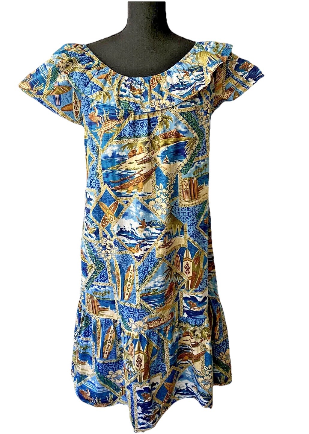 Vintage Hilo Hattie Ruffled Sheath Dress Surfers Sea Turtles Tropical Hawaii S/M