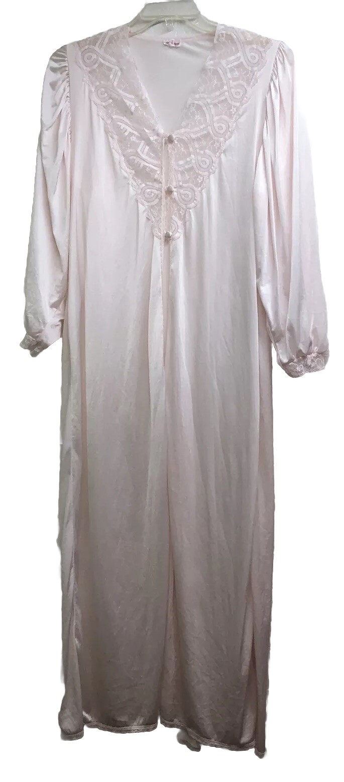 Vintage Valisere Paris Sz L Ivory Home Robe Lingerie Long Sleeve 3 Buttons Front