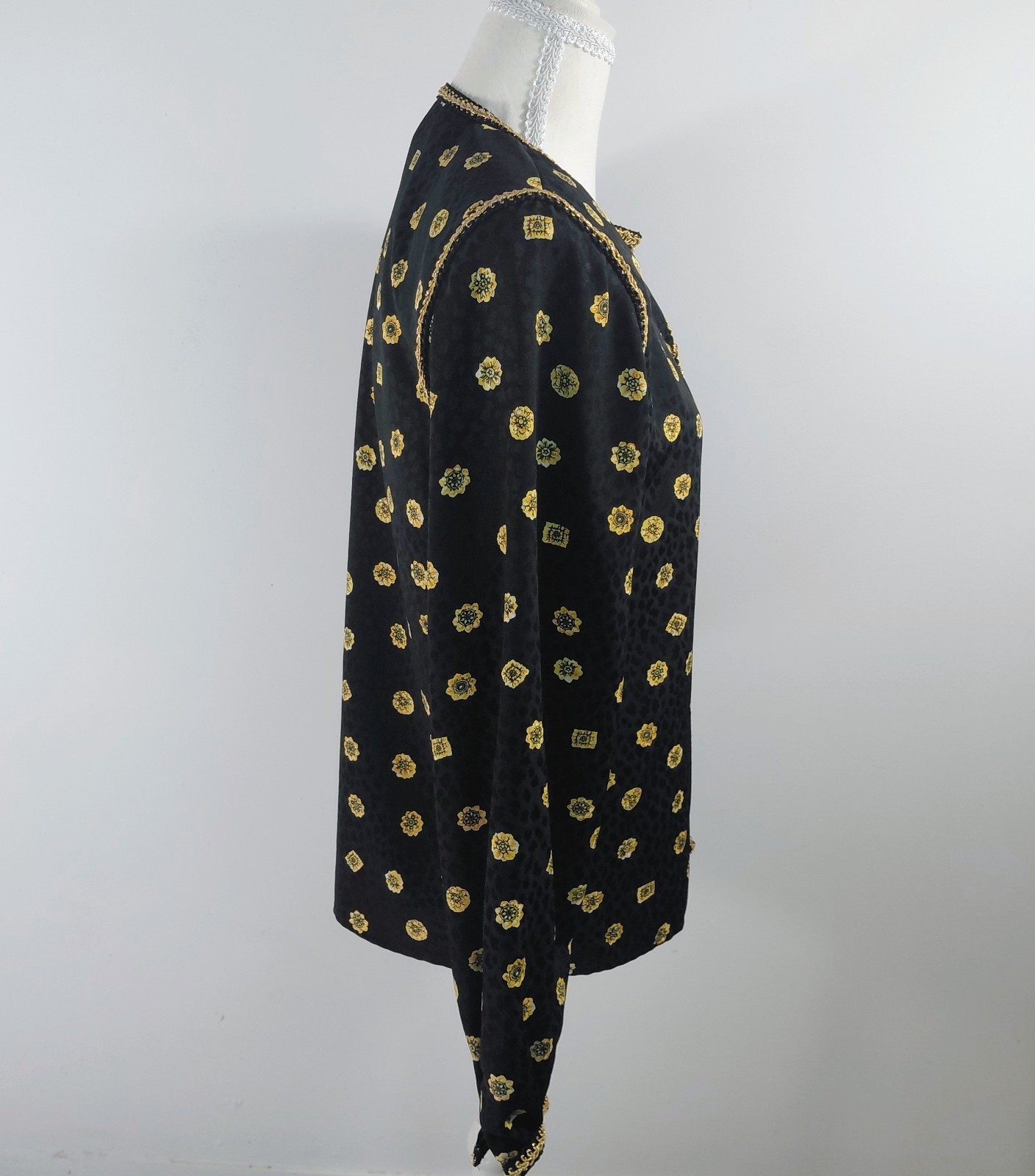 VTG Maggy London Brocade Blouse 4 Black Gold Jacquard Fleur-de-lis Coquette…