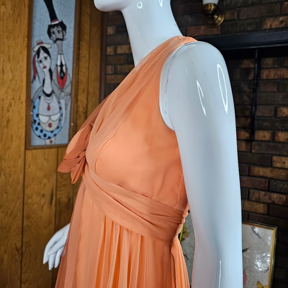 Vtg 70s Peach Chiffon Formal Maxi Dress Rosette Prom Bewitched Party Wedding S