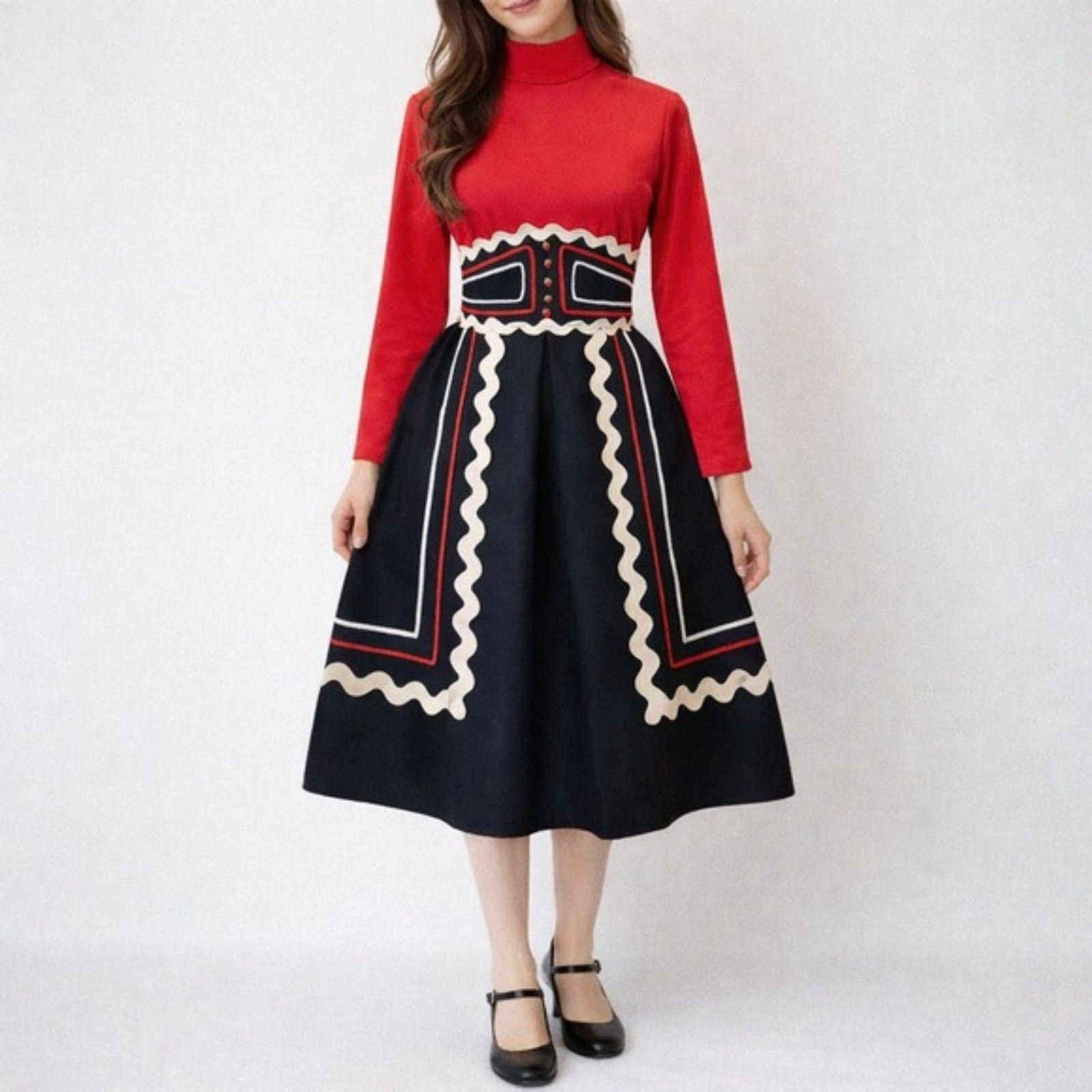 Vintage 1960s Howard Wolf Strawberry Button Ric-Rac Dress Black Red Ivory Size 4