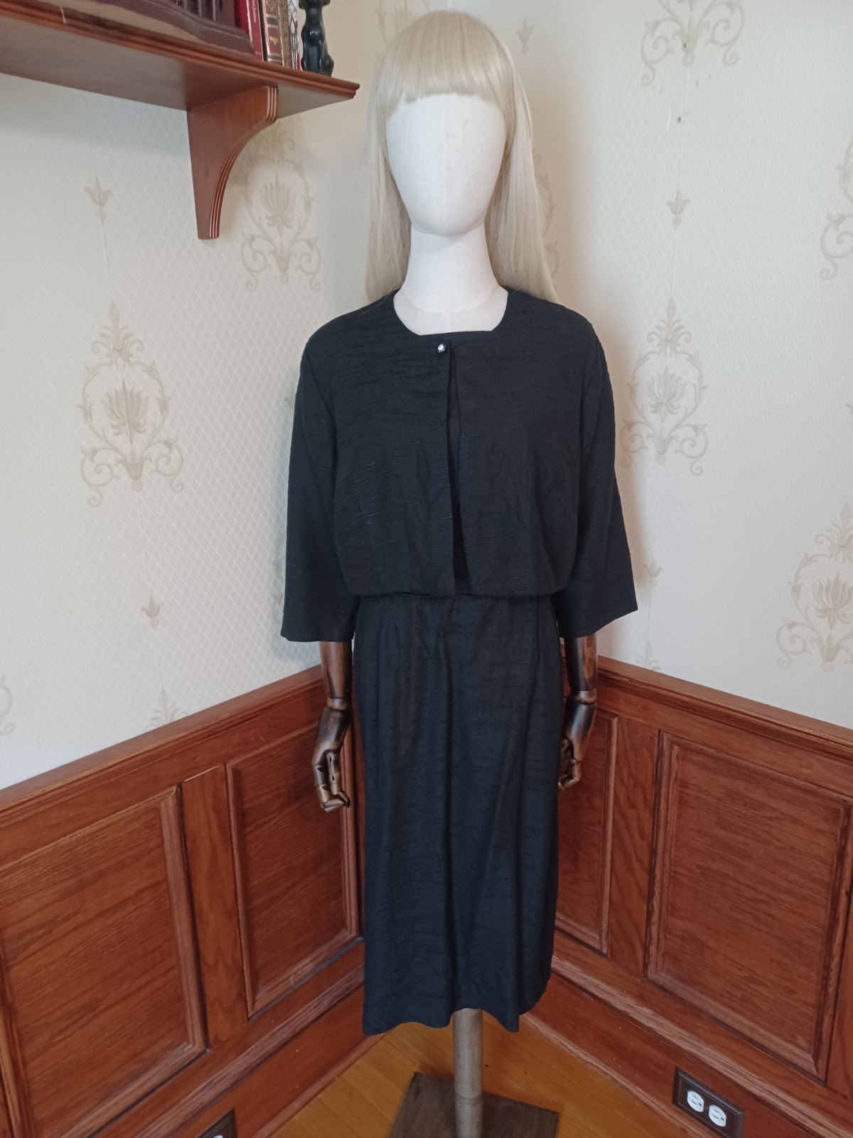 Vintage Mid-century Slubbed Black Cotton Little Black Cocktail Dress, size XL