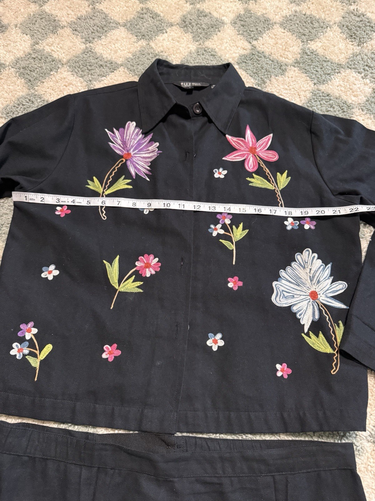 TAKE TWO 100% Cotton Vintage Floral Embroidered Black Jacket and Skirt Set Large